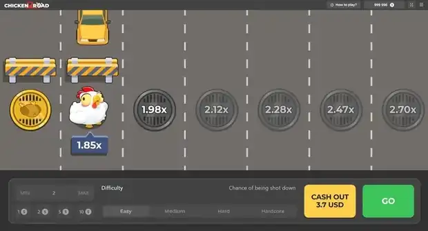 Partida de Chicken Road 2 en marcha: coches, barreras y multiplicadores crecientes