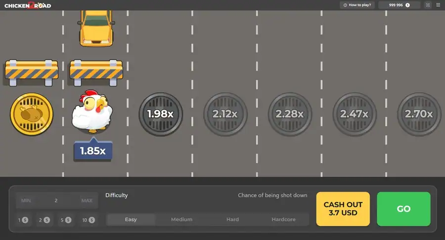 Partida de Chicken Road 2 en marcha: coches, barreras y multiplicadores crecientes