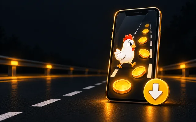Móvil con la partida de Chicken Road en pantalla y flecha de descarga