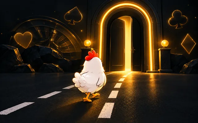 Arco de neón amarillo con una gallina entrando: casinos donde jugar a Chicken Road